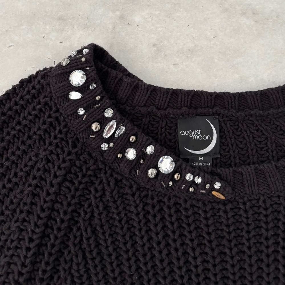 August Moon Sweater Black Embellished Open Chunky Knit Cotton Blend Women Medium - Picture 3 of 9